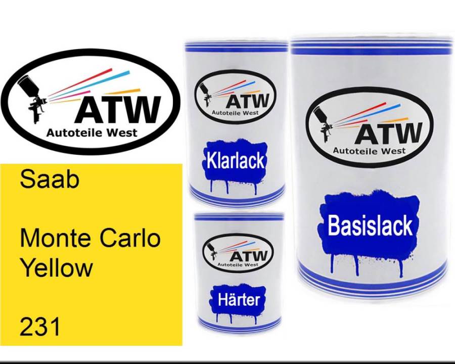 Saab, Monte Carlo Yellow, 231: 500ml Lackdose + 500ml Klarlack + 250ml Härter - Set, von ATW Autoteile West.